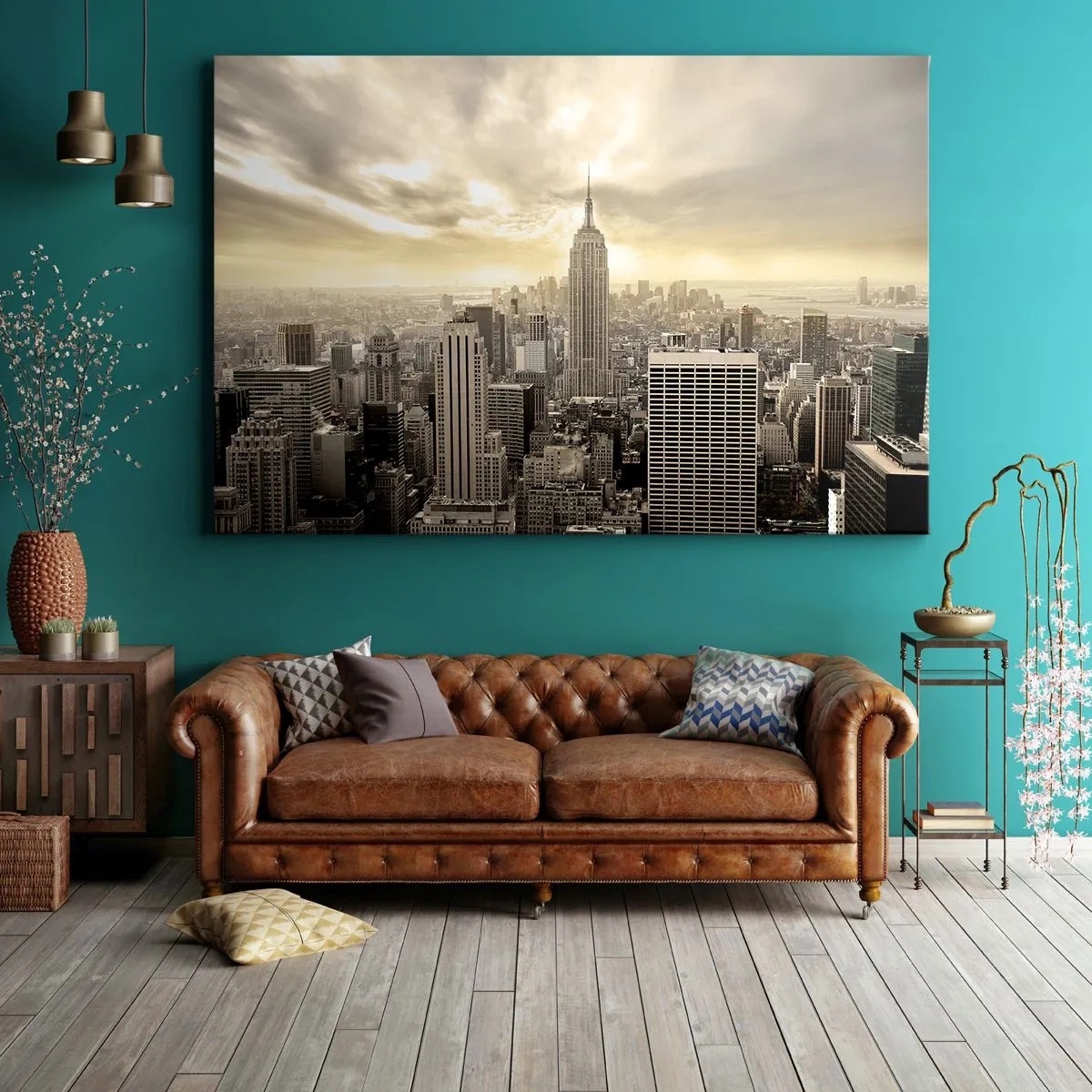 Obraz na płótnie - Panorama miasta z widokiem na Empire State Building - 120x80cm - Nowy Jork utkany z szarości - Nowoczesna dekoracja ścienna do salonu, kuchni i sypialni ARTTOR