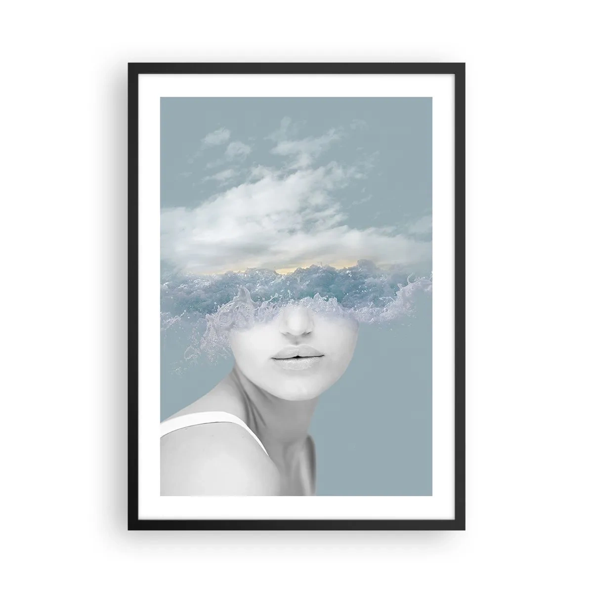 Plakat w czarnej ramie - Kobieta z falami oceanu zamiast oczu - 50x70cm - Z głową w chmurach - Nowoczesna dekoracja ścienna do salonu i sypialni ARTTOR