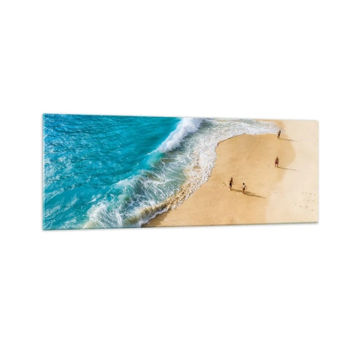 Obraz na szkle - Plaża z turkusową wodą i spacerującymi ludźmi - 140x50cm - A potem słońce, plaża… - Nowoczesna dekoracja ścienna do salonu i sypialni ARTTOR