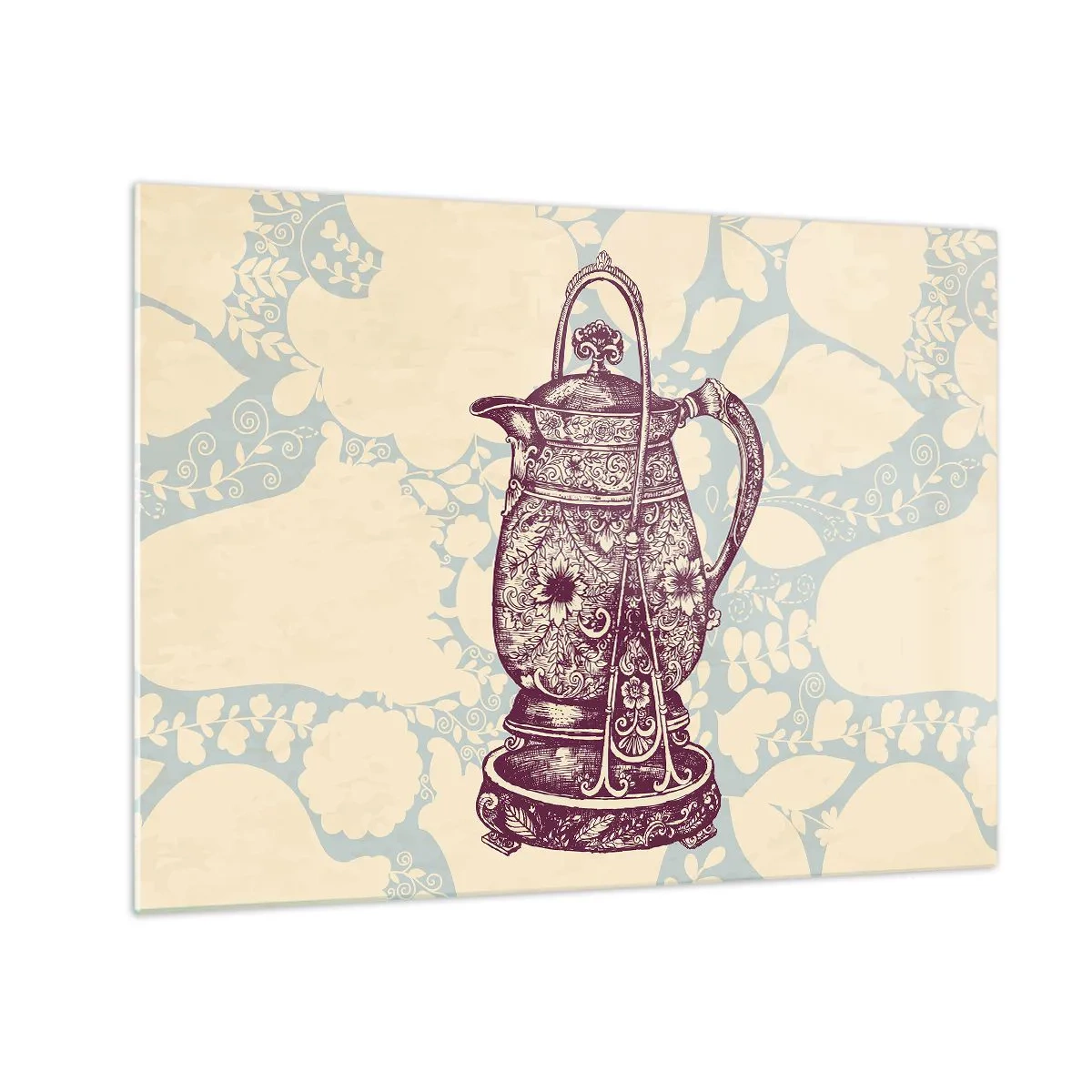 Obraz na szkle - Zdobiony dzbanek w stylu vintage na jasnym tle z ornamentem - 70x50cm - Uroda codzienności - Nowoczesna dekoracja ścienna do salonu i sypialni ARTTOR