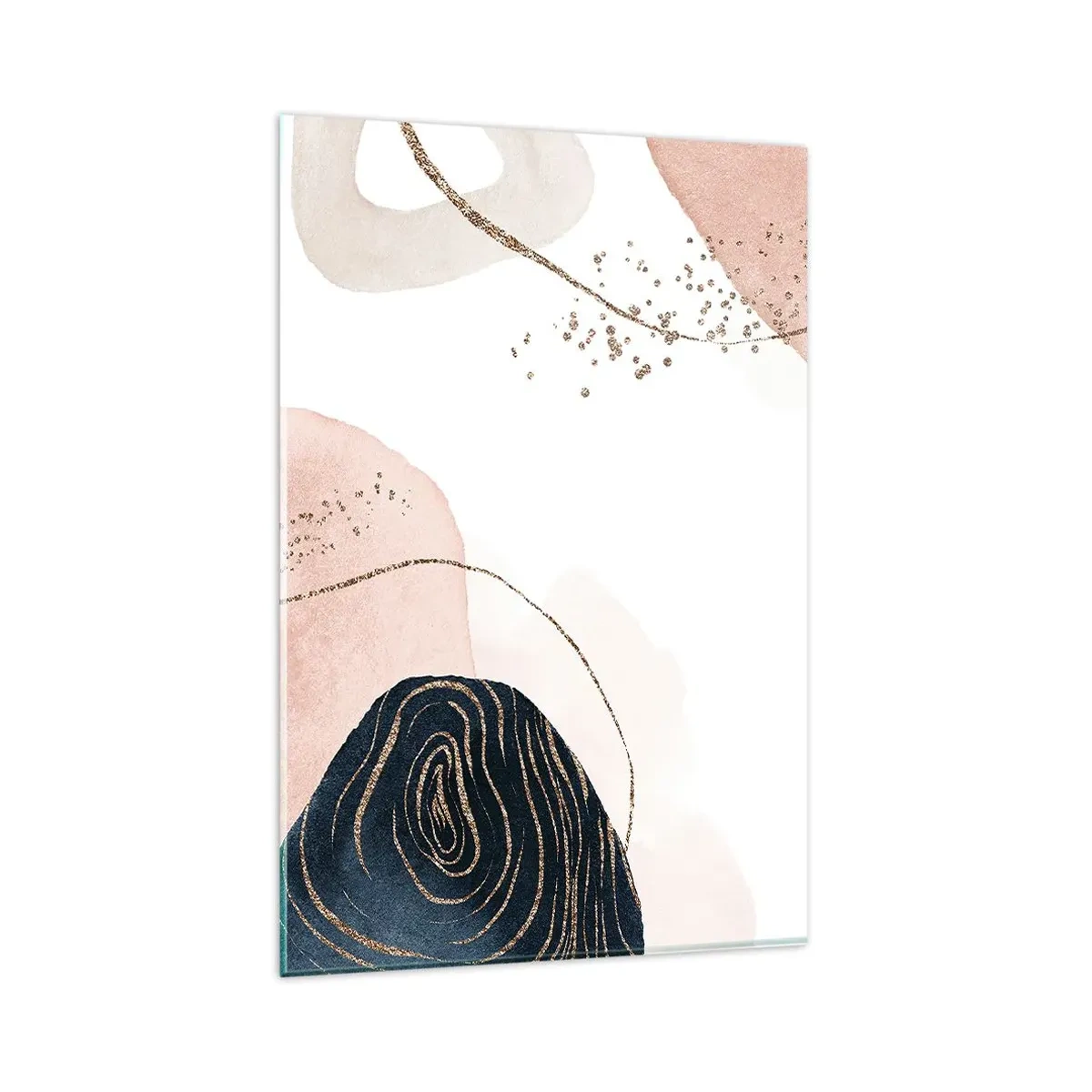 Obraz na szkle - Abstrakcyjne kształty w odcieniach beżu i granatu ze złotymi detalami - 80x120cm - Wszystko płynie - Nowoczesna dekoracja ścienna do salonu i sypialni ARTTOR