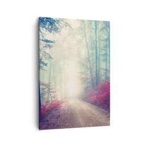 Obraz na płótnie - Leśna droga we mgle z kolorowymi liśćmi - 50x70cm - Jak dobrze wstać skoro świt - Nowoczesna dekoracja ścienna do salonu, kuchni i sypialni ARTTOR