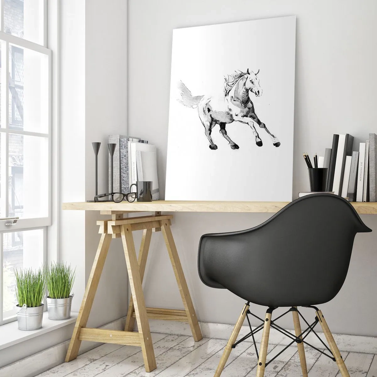Obraz na szkle - Szkic galopującego konia w odcieniach czerni i bieli - 70x100cm - Nieujarzmiona dusza - Nowoczesna dekoracja ścienna do salonu i sypialni ARTTOR