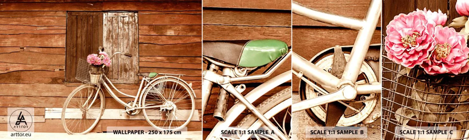 Fototapeta Próbka Samoprzylepna Deluxe Sticker - Zaraz wracam - Rower, Kwiaty, Drewniany Dom - 100x30 cm