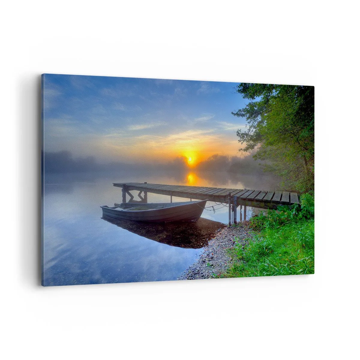 Obraz na płótnie - Pomost nad jeziorem o wschodzie słońca z łodzią przy brzegu - 120x80cm - Jak zwyczajne zamienia się w magiczne - Nowoczesna dekoracja ścienna do salonu, kuchni i sypialni ARTTOR