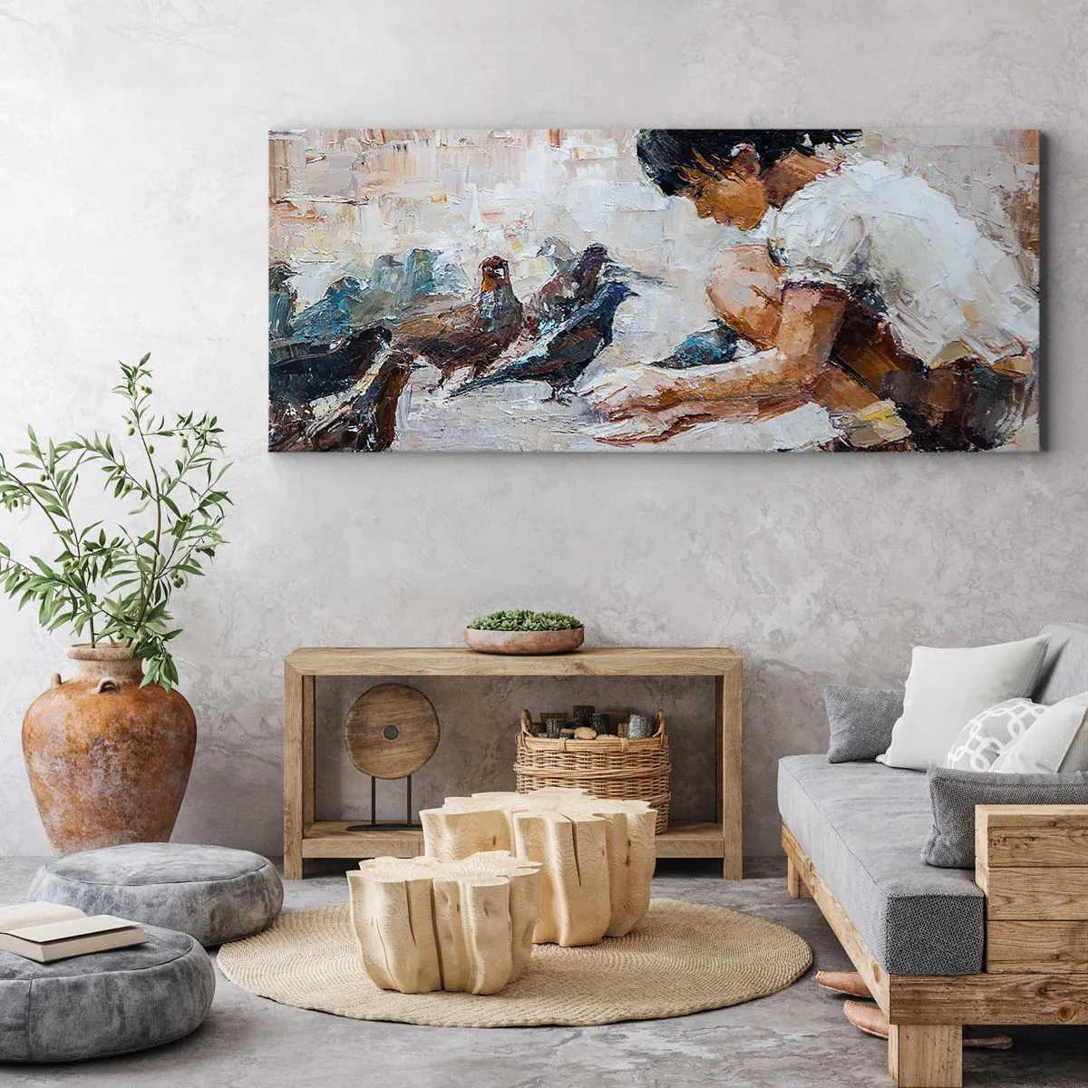 Obraz na płótnie - Dziewczynka karmiąca ptaki w malarskim stylu - 120x50cm - Maluczcy i najmilsi - Nowoczesna dekoracja ścienna do salonu i sypialni ARTTOR