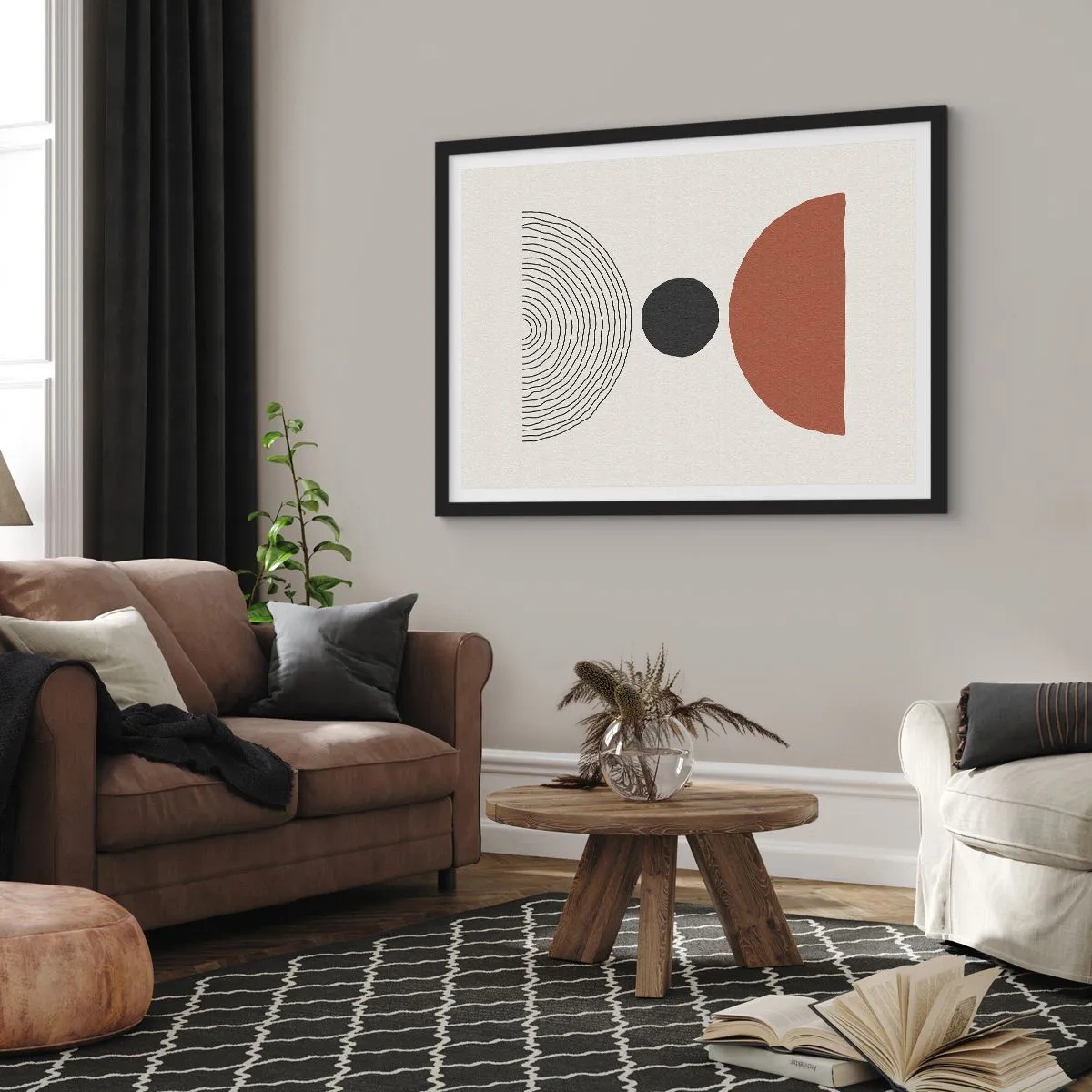 Plakat w czarnej ramie - Abstrakcyjne figury geometryczne w ciepłych barwach - 70x50cm - W centrum uwagi - Nowoczesna dekoracja ścienna do salonu i sypialni ARTTOR