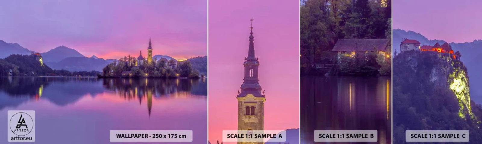 Fototapeta Próbka Samoprzylepna Deluxe Sticker - Bajkowa wyspa o zmierzchu - Krajobraz, Słowenia, Wyspa Bled - 100x30 cm