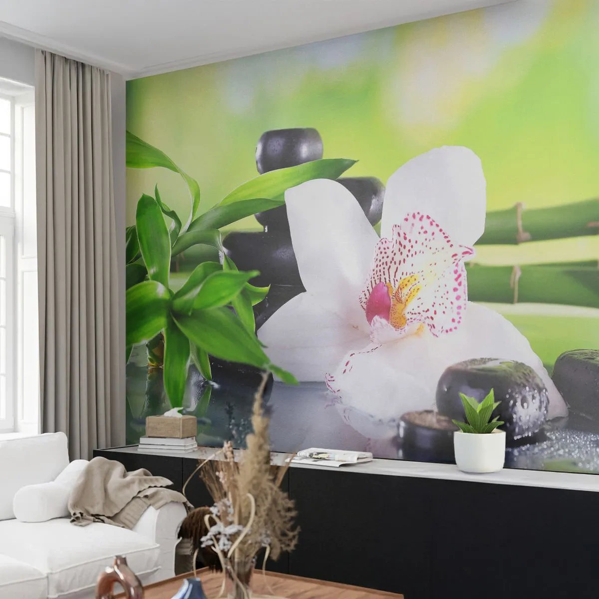 Fototapeta Samoprzylepna Deluxe Sticker - Chłodna świeżość - Bambus, Kwiat, Storczyk - 250x175 cm