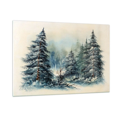 Obraz na szkle - Zimowy las z ośnieżonymi drzewami na tle nieba - 120x80cm - Gotowe do Świąt - Nowoczesna dekoracja ścienna do salonu, kuchni i sypialni ARTTOR