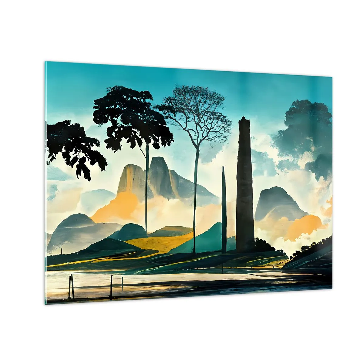 Obraz na szkle - Fantazyjny pejzaż z górami, drzewami i strzelistą skałą - 70x50cm - Wciąż wyżej i wyżej - Nowoczesna dekoracja ścienna do salonu i sypialni ARTTOR