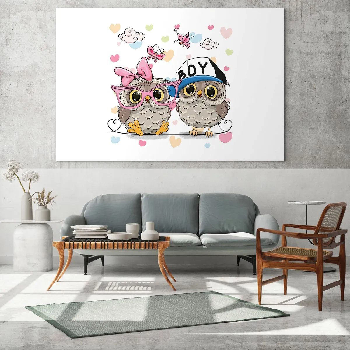 Obraz na szkle - Para wesołych sówek w pastelowej kompozycji - 100x70cm - Kochajmy się! - Nowoczesna dekoracja ścienna do salonu, kuchni i sypialni ARTTOR