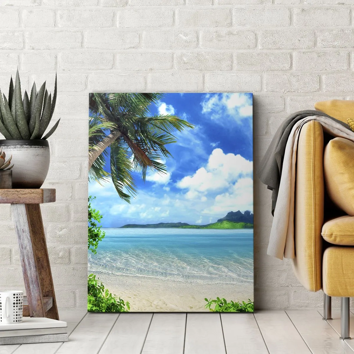 Obraz na płótnie - Tropikalna plaża z palmami i turkusowym morzem - 50x70cm - Lazur tropików - Nowoczesna dekoracja ścienna do salonu, kuchni i sypialni ARTTOR