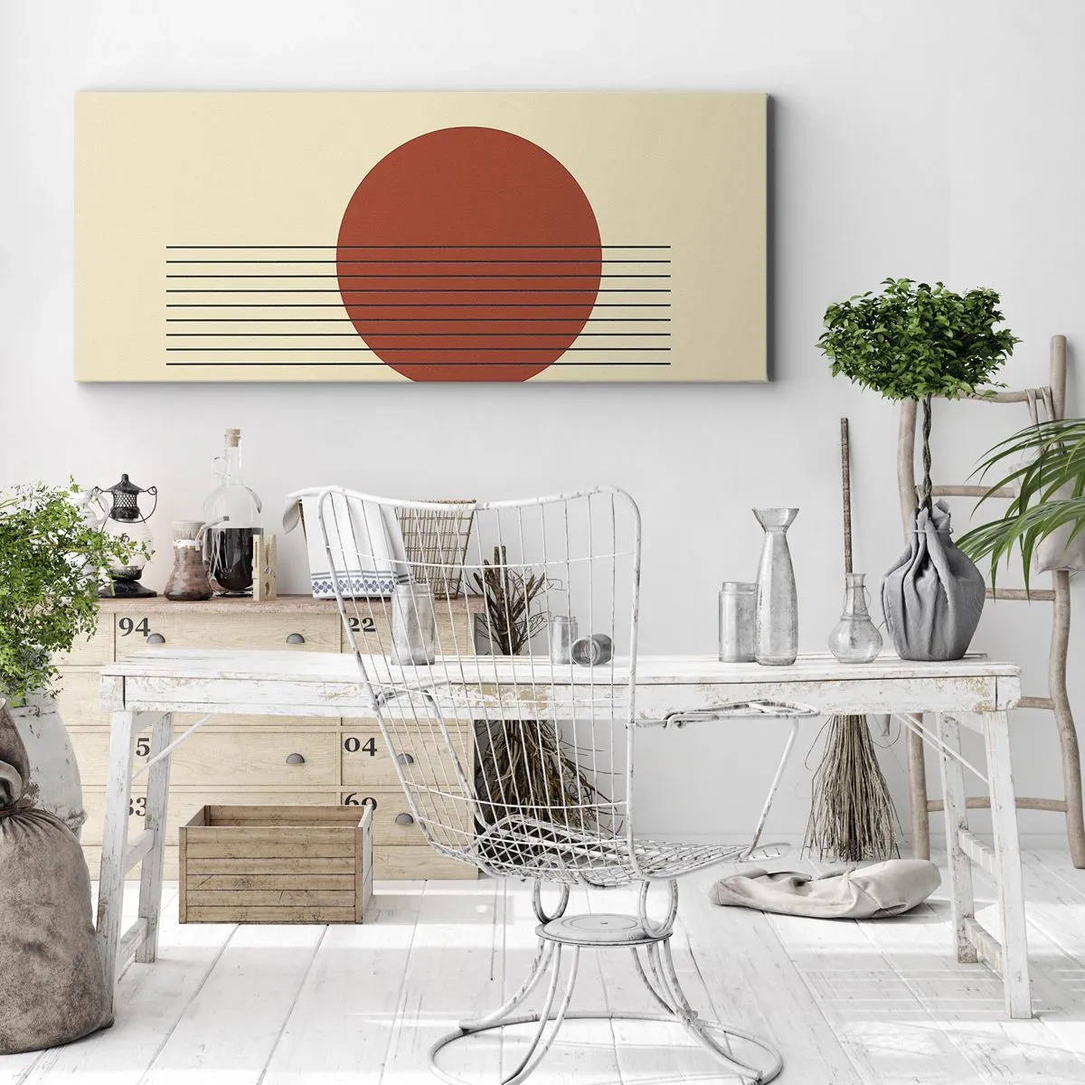 Obraz na płótnie - Abstrakcyjny okrąg w czerwieni z liniami na beżowym tle - 160x50cm - W koło i dalej - Nowoczesna dekoracja ścienna do salonu i sypialni ARTTOR