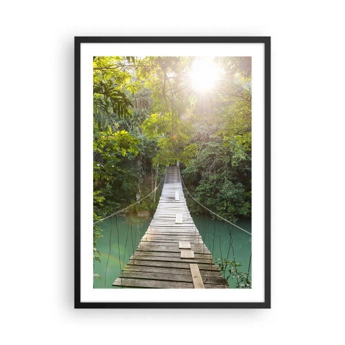 Plakat w czarnej ramie - Drewniany mostek w tropikalnym lesie z promieniami słońca - 50x70cm - Nad lazurową wodą do lazurowego lasu - Nowoczesna dekoracja ścienna do salonu i sypialni ARTTOR