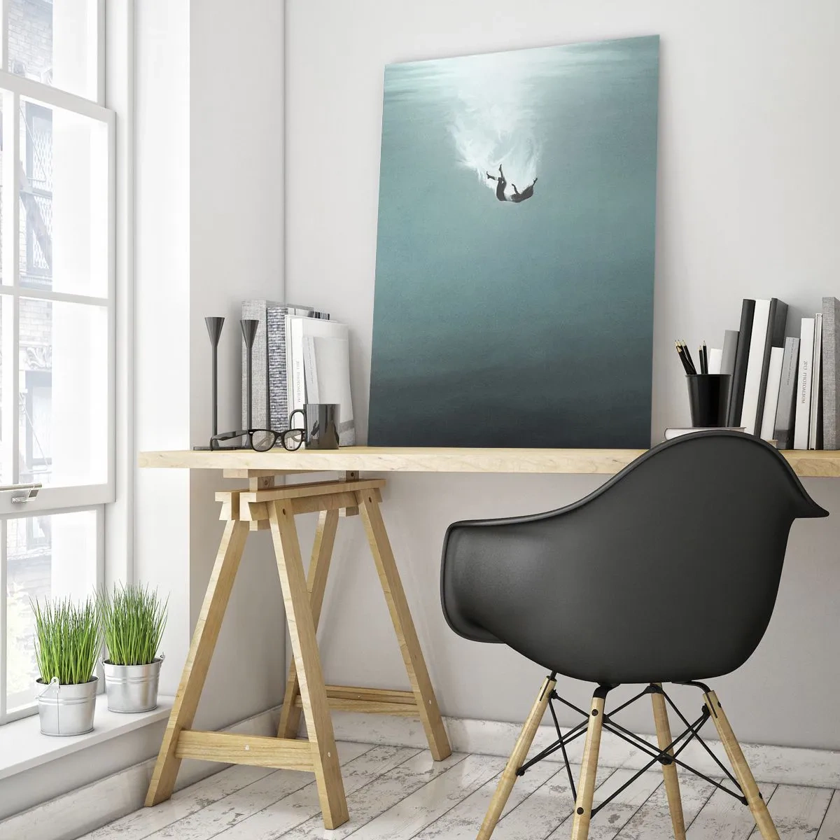Obraz na szkle - Sylwetka człowieka zanurzonego w błękitnej głębi oceanu - 50x70cm - W objęciach oceanu - Nowoczesna dekoracja ścienna do salonu, kuchni i sypialni ARTTOR