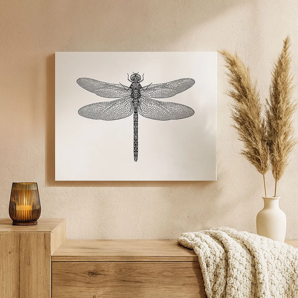 Obraz na płótnie - Czarno-biały rysunek ważki na białym tle w minimalistycznym stylu - 70x50cm - Precyzja natury - Nowoczesna dekoracja ścienna do salonu i sypialni ARTTOR