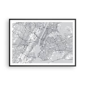 Plakat w czarnej ramie - Mapa miasta w minimalistycznym stylu na szarym tle - 100x70cm - Anatomia metropolii - Nowoczesna dekoracja ścienna do salonu i sypialni ARTTOR