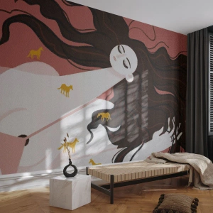 Fototapeta Premium Canvas - Postać z zamkniętymi oczami otoczona złotymi końmi - 100x70cm - Sen o złotym koniu - Nowoczesna dekoracja ścienna do salonu i sypialni ARTTOR