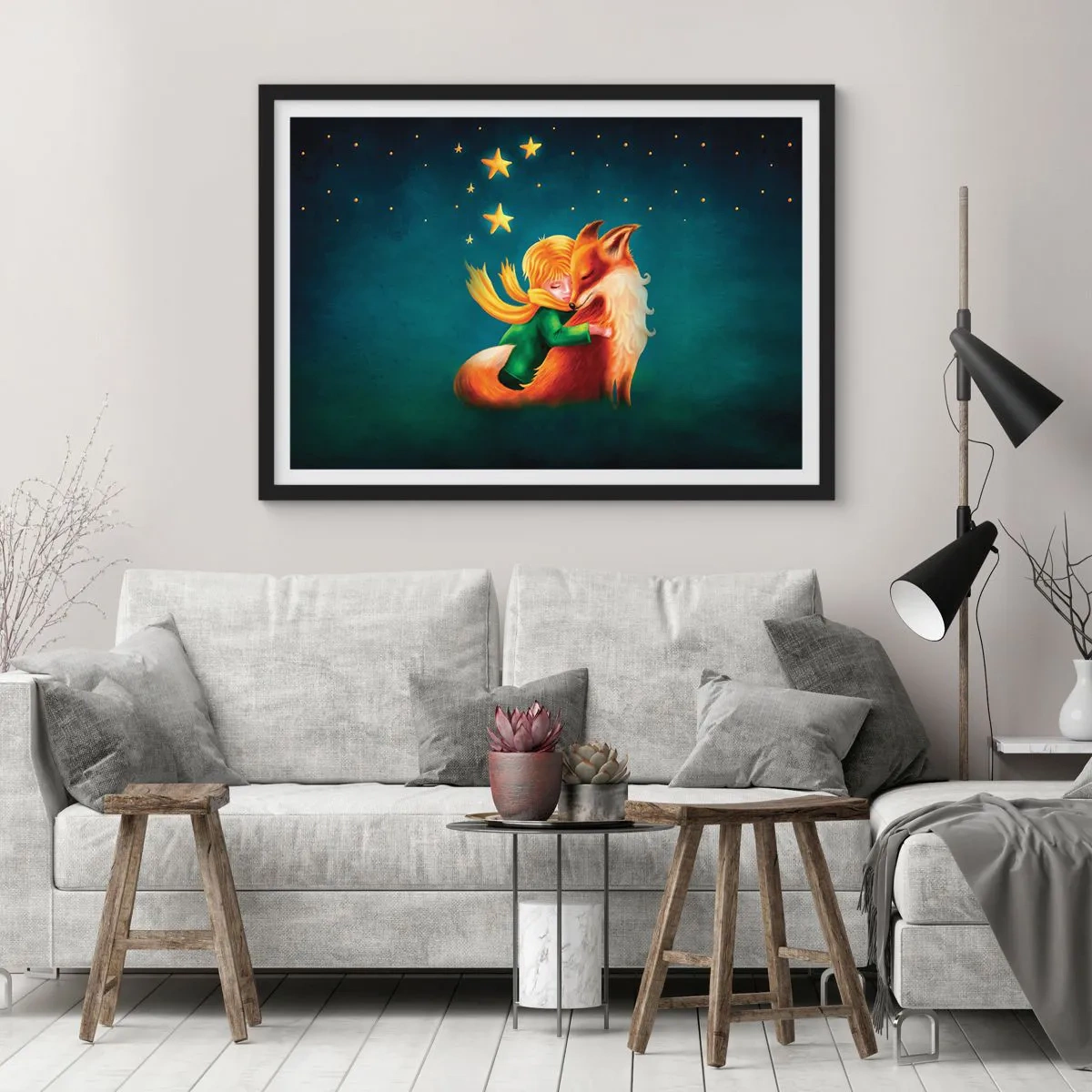 Plakat w czarnej ramie - Chłopiec z lisem w magicznej scenerii z gwiazdami - 100x70cm - Mały Książę - Nowoczesna dekoracja ścienna do salonu i sypialni ARTTOR