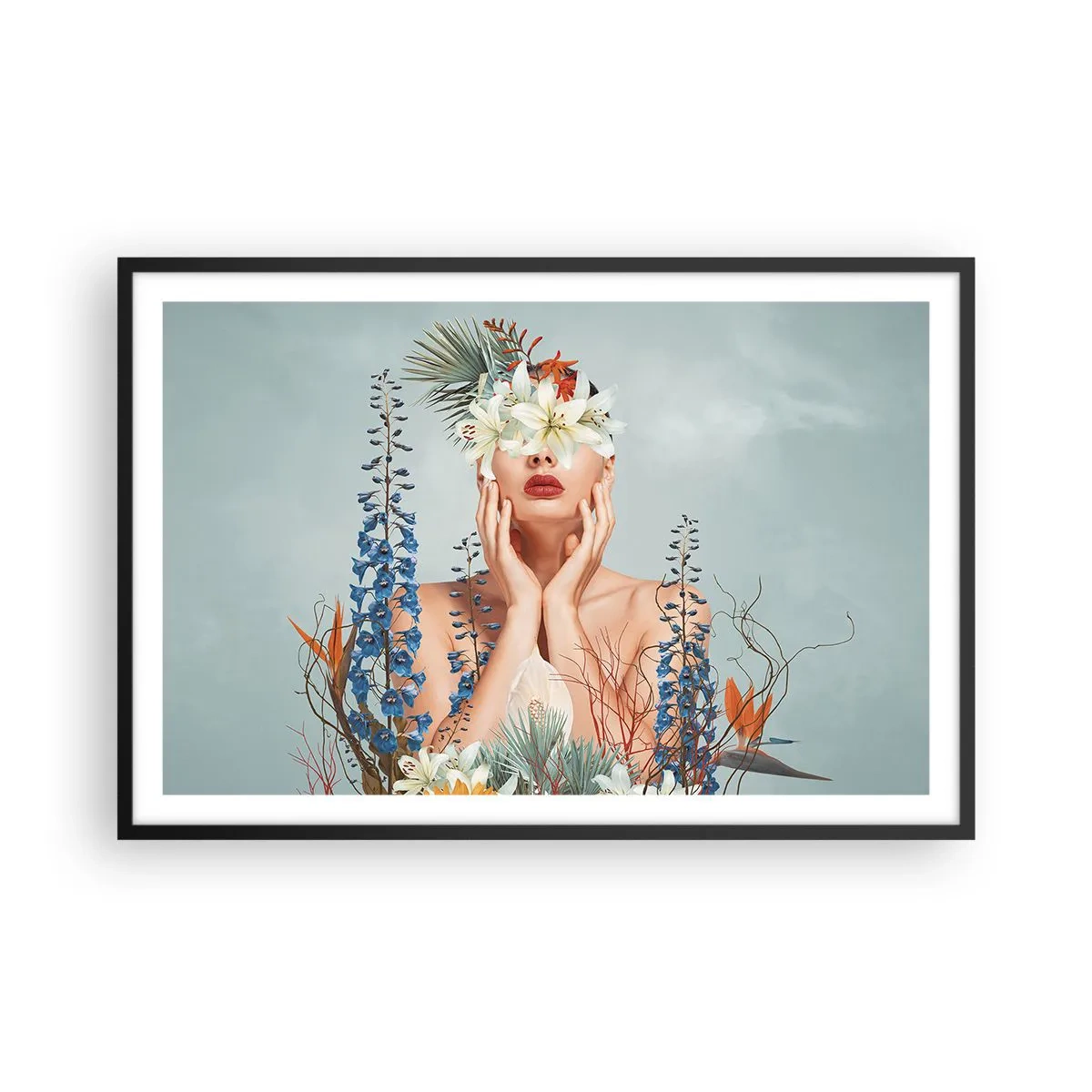 Plakat w czarnej ramie - Kobieta – kwiat - 91x61 cm