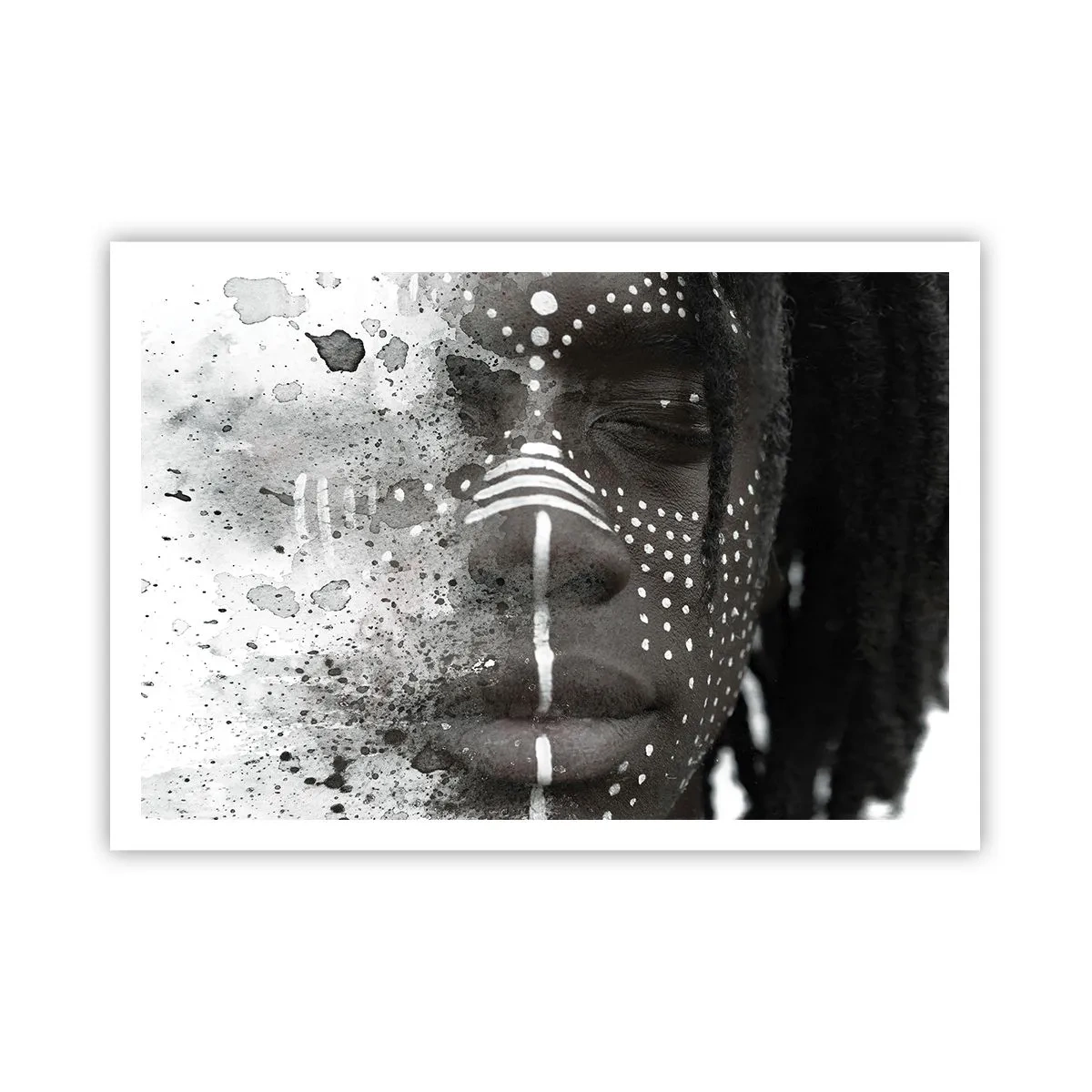 Plakat - Artystyczny portret twarzy z abstrakcyjnymi białymi wzorami - 100x70cm - Odkryj pierwotnego ducha - Nowoczesna dekoracja ścienna do salonu i sypialni ARTTOR