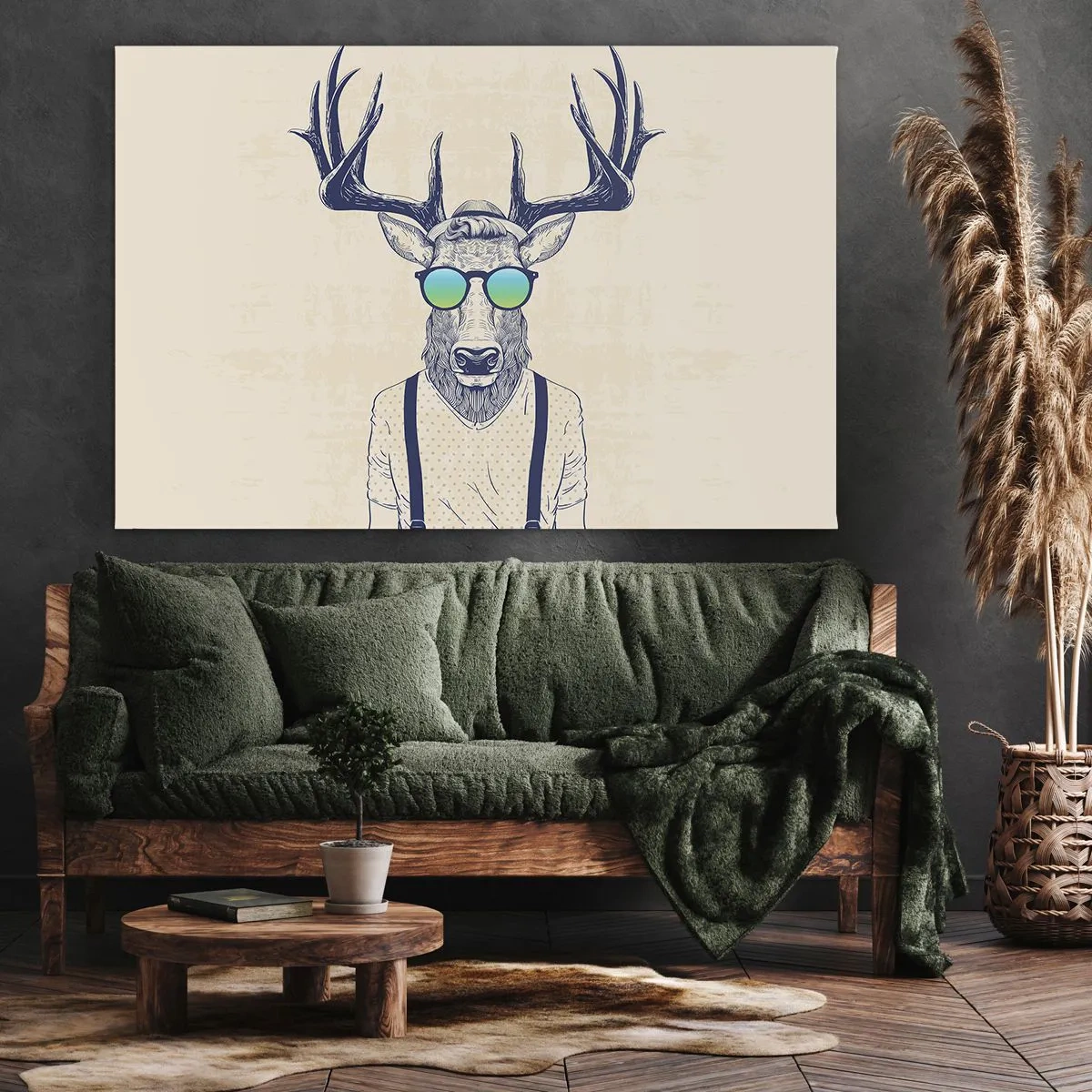 Obraz na płótnie - Stylizowany jeleń w okularach przeciwsłonecznych - 70x50cm - A kogo się spodziewałeś? - Nowoczesna dekoracja ścienna do salonu i sypialni ARTTOR