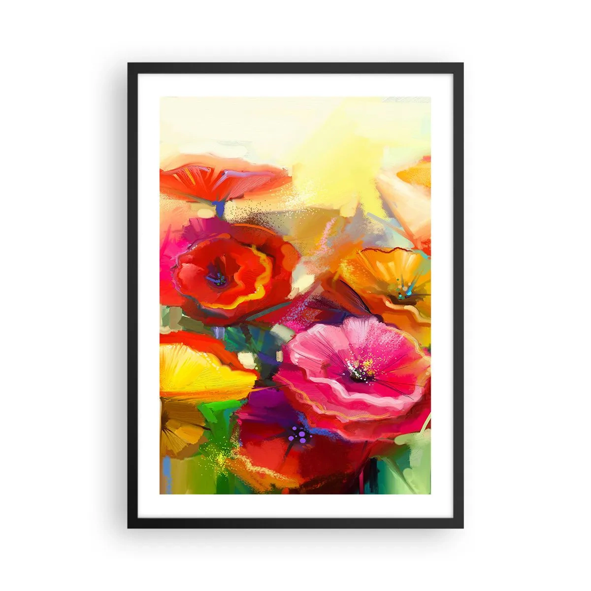 Plakat w czarnej ramie - Kolorowe maki na abstrakcyjnym tle - 50x70cm - Nie tylko czerwone - Nowoczesna dekoracja ścienna do salonu i sypialni ARTTOR