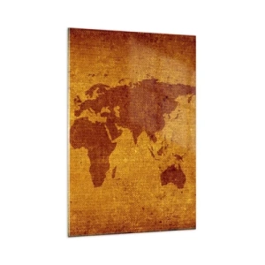 Obraz na szkle - Mapa świata w stylu vintage na tle w odcieniach brązu i złota. - 80x120cm - Zaproszenie do podróży - Nowoczesna dekoracja ścienna do salonu i sypialni ARTTOR