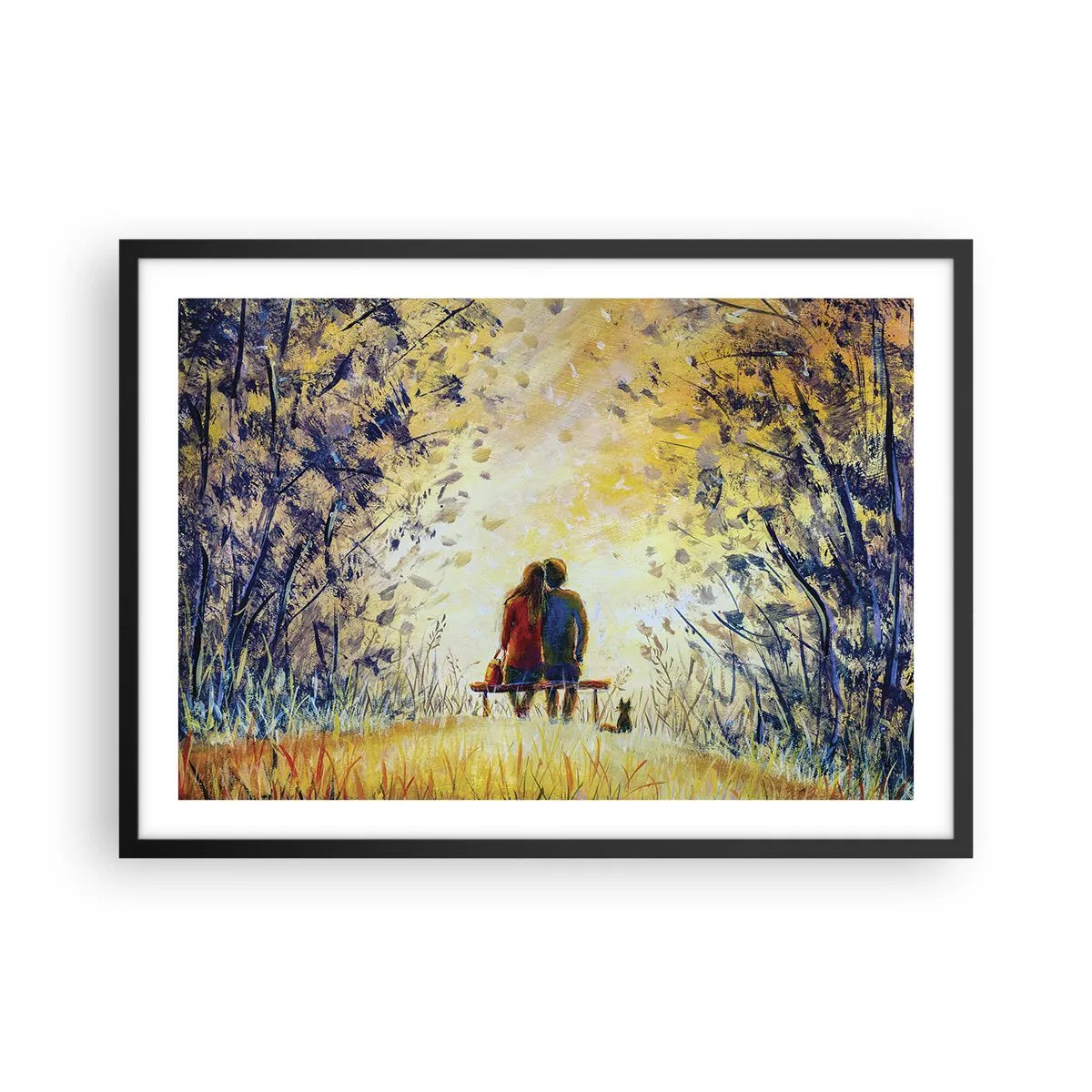 Plakat w czarnej ramie - Para siedząca na ławce wśród jesiennych drzew w świetle słońca - 70x50cm - Magiczna chwila - Nowoczesna dekoracja ścienna do salonu i sypialni ARTTOR