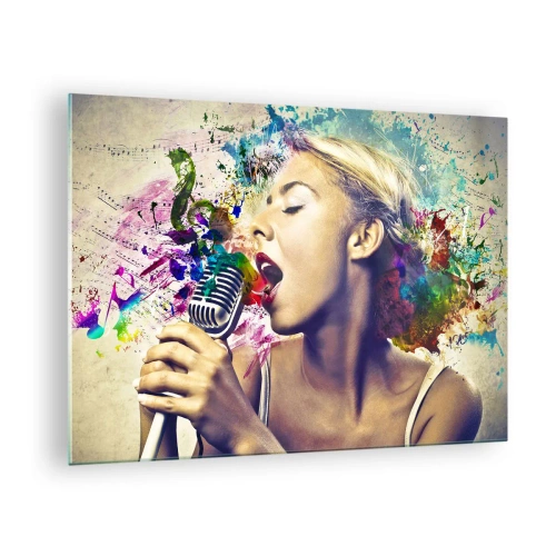 Obraz na szkle - Kolorowa kompozycja kobiety śpiewającej do mikrofonu - 70x50cm - Pomalować głosem świat - Nowoczesna dekoracja ścienna do salonu i sypialni ARTTOR