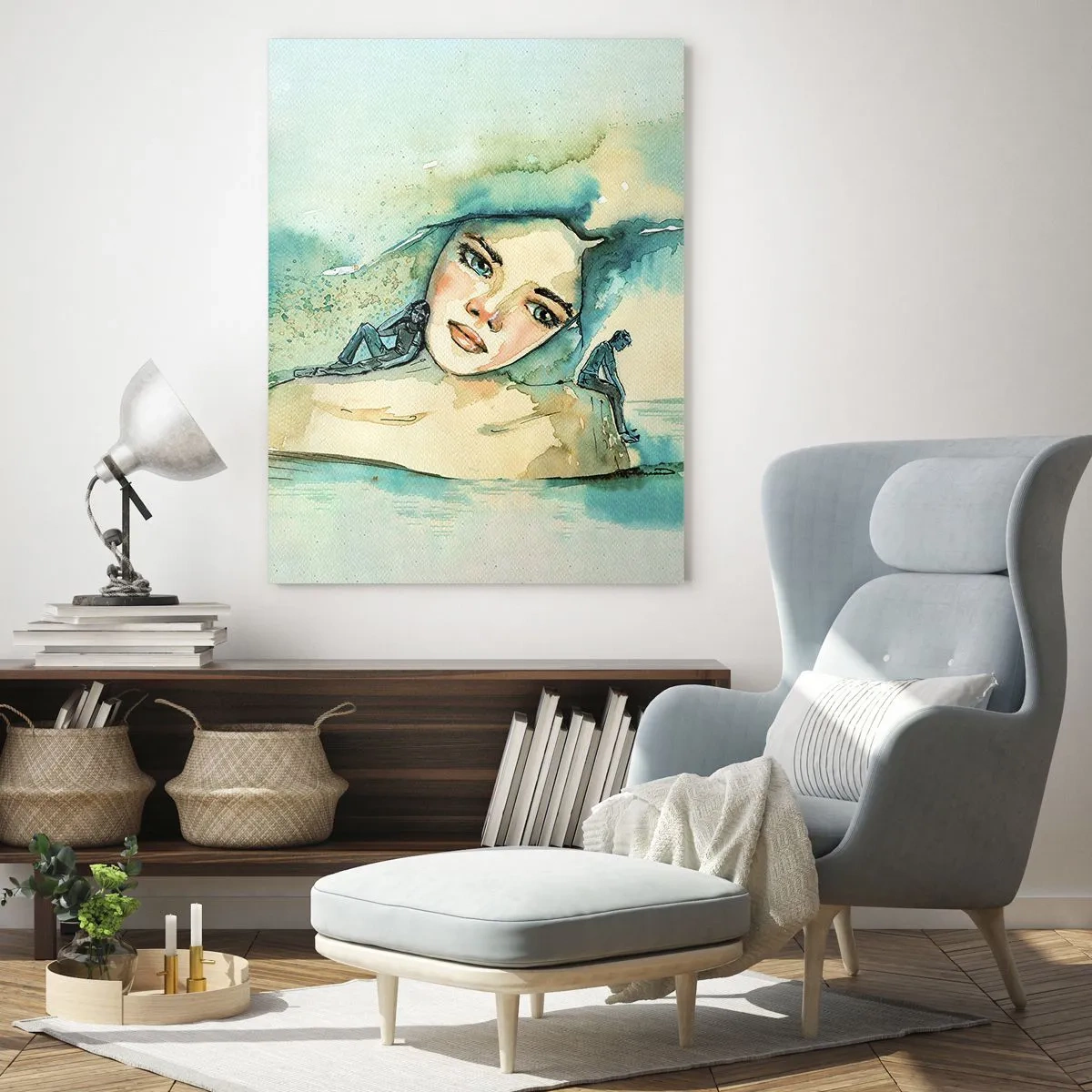 Obraz na szkle - Portret kobiety w akwarelowym stylu z sylwetkami postaci - 50x70cm - Am I blue? - Nowoczesna dekoracja ścienna do salonu, kuchni i sypialni ARTTOR