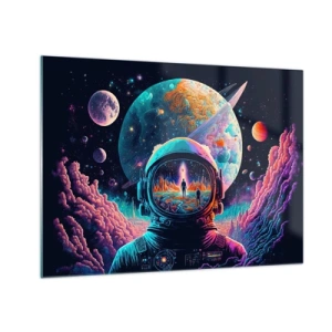 Obraz na szkle - Kosmiczny pejzaż z astronautą i surrealistyczną planetą - 70x50cm - Filozofom się nie śniło - Nowoczesna dekoracja ścienna do salonu i sypialni ARTTOR
