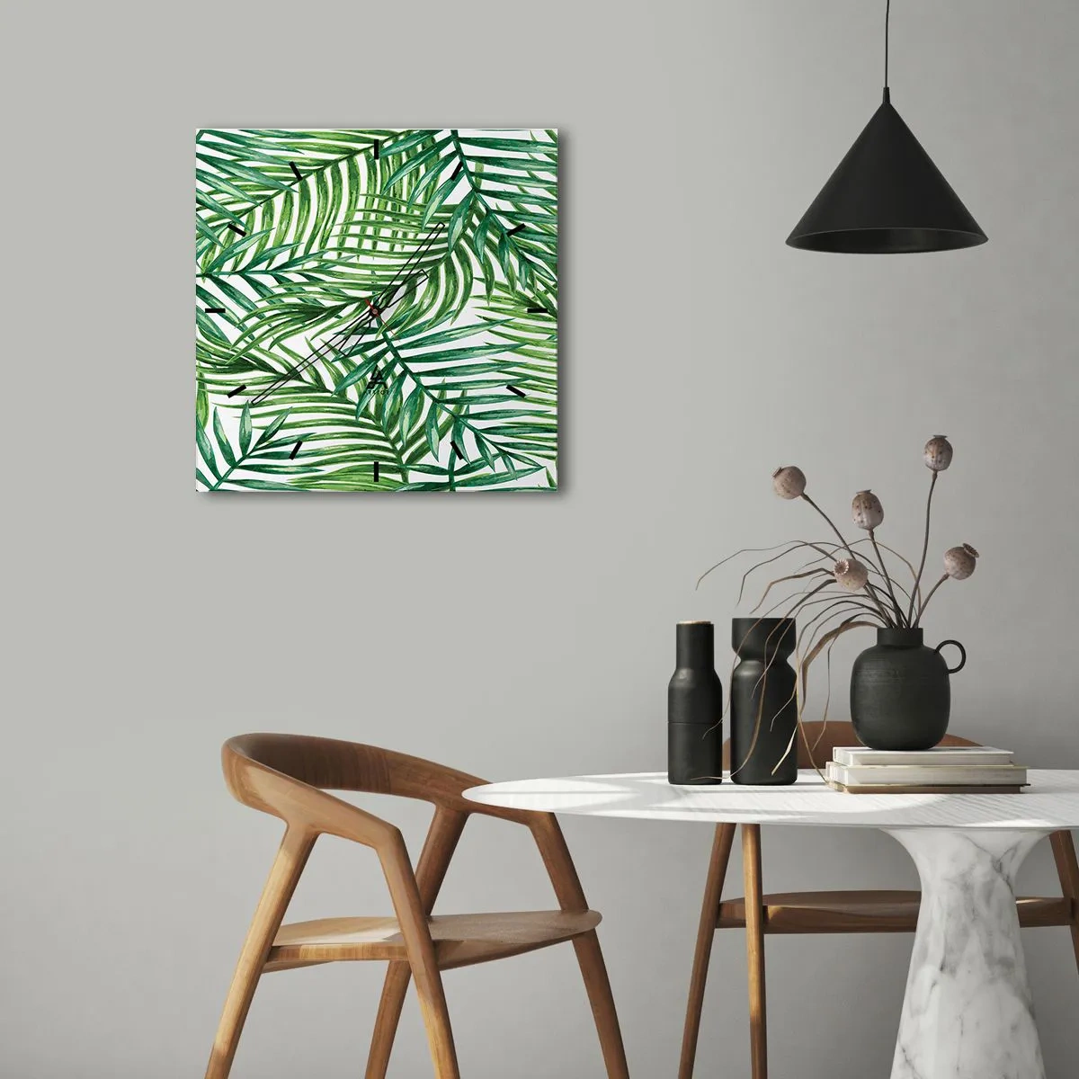 Zegar ścienny - Zielone liście tropikalnych palm na jasnym tle - 30x30cm - Pod zielonym baldachimem - Nowoczesna dekoracja ścienna do salonu i sypialni ARTTOR