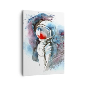 Obraz na płótnie - Astronauta w przestrzeni kosmicznej, malowany akwarelą z intensywnymi odcieniami niebieskiego, czerwonego i czarnego - 50x70cm - Sam na sam z kosmosem - Nowoczesna dekoracja ścienna do salonu, kuchni i sypialni ARTTOR