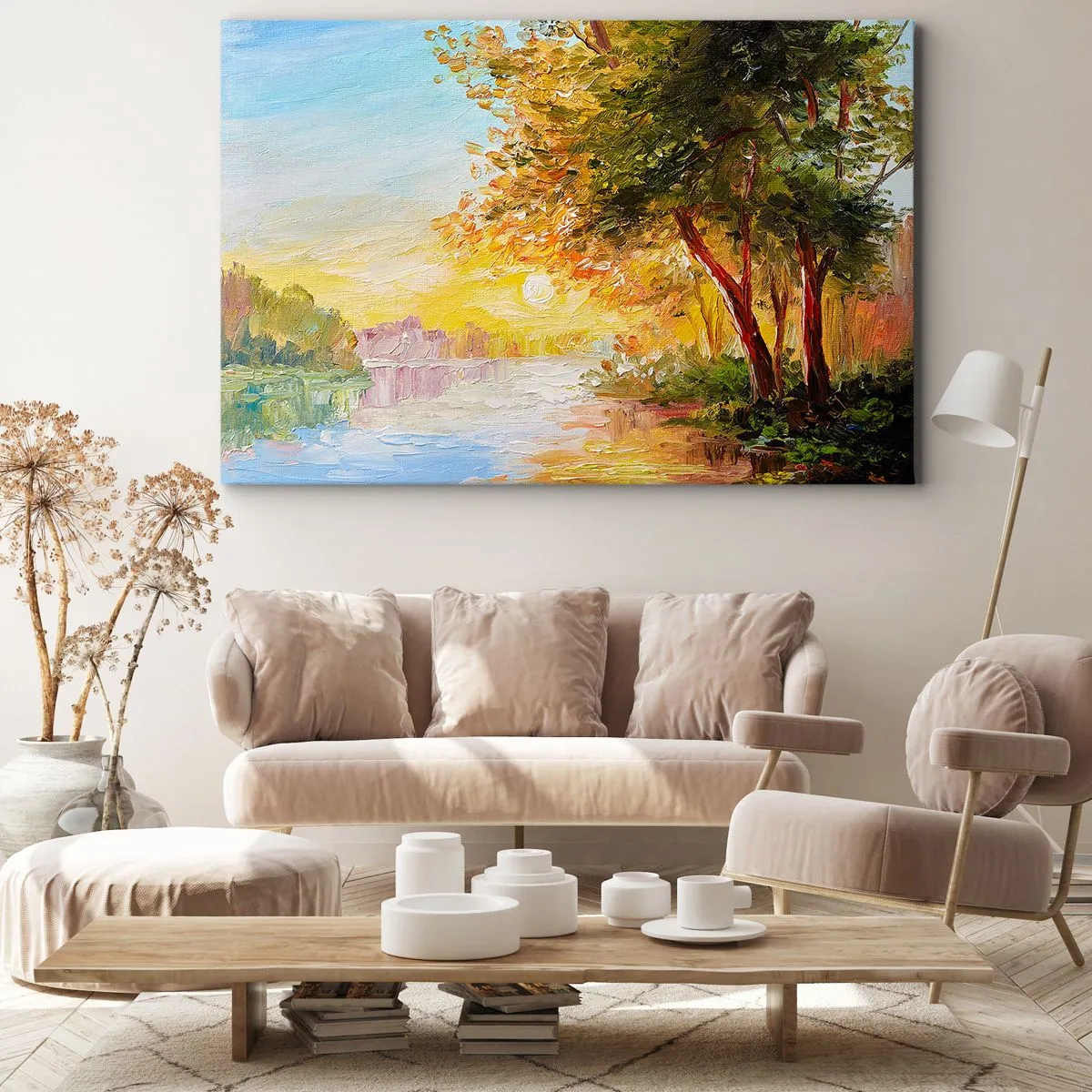 Obraz na płótnie - Malowniczy krajobraz z rzeką i drzewami o zachodzie słońca - 70x50cm - Et in Arcadia ego - Nowoczesna dekoracja ścienna do salonu i sypialni ARTTOR