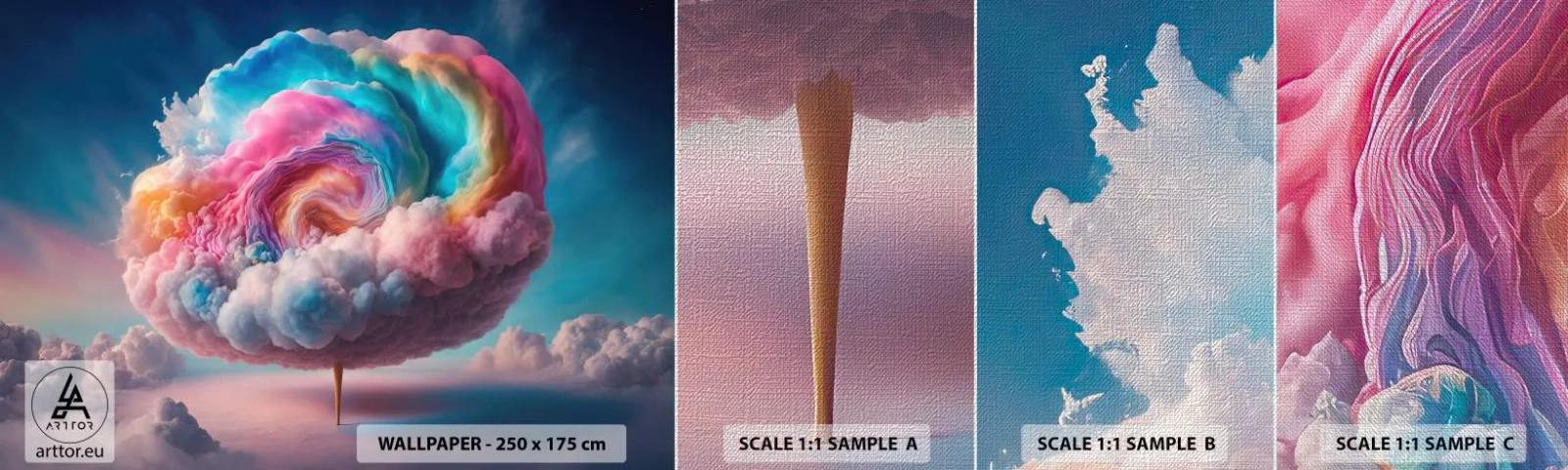 Fototapeta Próbka Premium Canvas - Sen o wesołym miasteczku - Pastelowy, Chmury, Cukierkowy - 100x30 cm