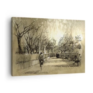Obraz na płótnie - Rysunkowa scena z parkiem i spacerującymi ludźmi w ciepłych odcieniach - 70x50cm - Piórkiem zatrzymana chwila - Nowoczesna dekoracja ścienna do salonu i sypialni ARTTOR
