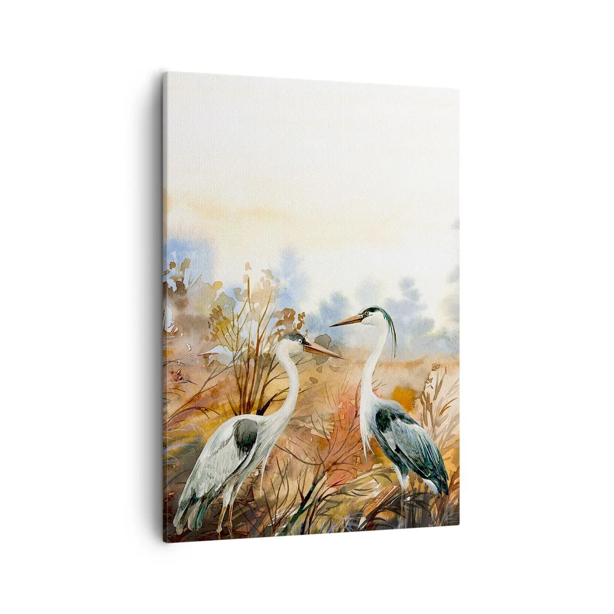 Obraz na płótnie - Dwie czaple na tle jesiennej roślinności w delikatnym stylu akwareli - 50x70cm - Dokąd jesienią? - Nowoczesna dekoracja ścienna do salonu, kuchni i sypialni ARTTOR