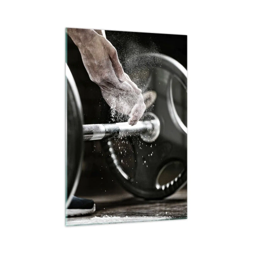 Obraz na szkle - Hantle i ręce sportowca przygotowujące się do treningu - 70x100cm - Wyzwanie podjęte! - Nowoczesna dekoracja ścienna do salonu i sypialni ARTTOR