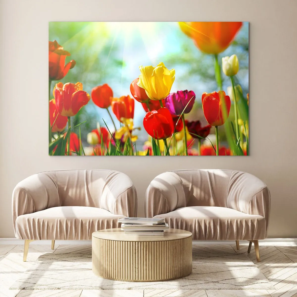 Obraz na szkle - Kolorowe tulipany oświetlone promieniami słońca - 70x50cm - Wszystkie barwy słońca - Nowoczesna dekoracja ścienna do salonu i sypialni ARTTOR