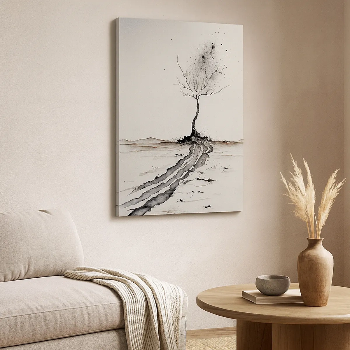 Obraz na płótnie - Czarno-biały obraz samotnego drzewa z popękaną ziemią - 50x70cm - Zimowa melancholia - Nowoczesna dekoracja ścienna do salonu, kuchni i sypialni ARTTOR