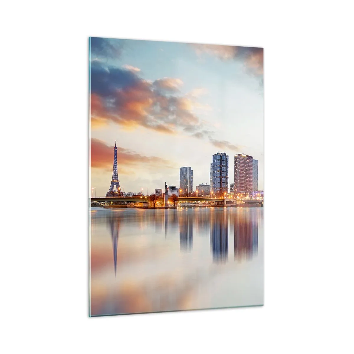 Obraz na szkle - Panorama Paryża z Wieżą Eiffla i nowoczesnymi budynkami o zmierzchu - 50x70cm - Monumentalny spokój Paryża - Nowoczesna dekoracja ścienna do salonu, kuchni i sypialni ARTTOR