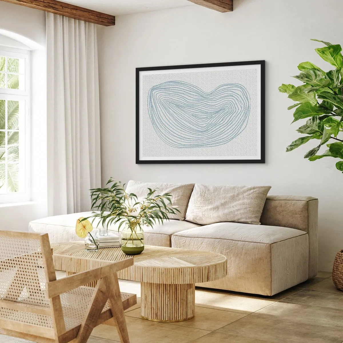 Plakat w czarnej ramie - Abstrakcyjny motyw fal w delikatnym błękicie - 100x70cm - Uśmiech kropli - Nowoczesna dekoracja ścienna do salonu i sypialni ARTTOR