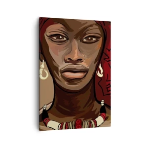 Obraz na płótnie - Portret kobiety w etnicznych ozdobach w stylu nowoczesnej ilustracji - 50x70cm - Hebanowa Wenus - Nowoczesna dekoracja ścienna do salonu, kuchni i sypialni ARTTOR