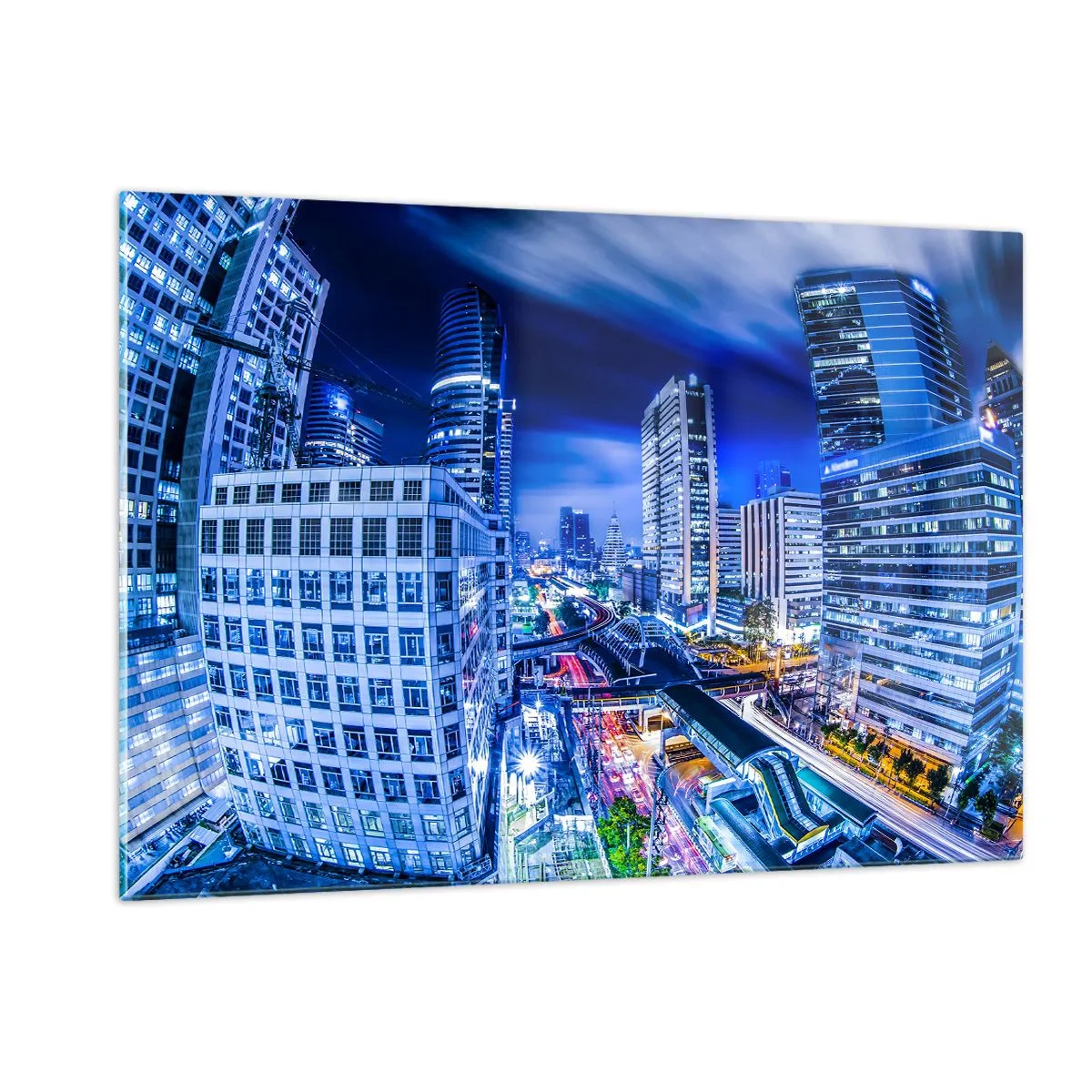 Obraz na szkle - Panorama nowoczesnego miasta nocą z jasnymi światłami - 120x80cm - Rytmy nocnego miasta - Nowoczesna dekoracja ścienna do salonu, kuchni i sypialni ARTTOR