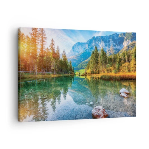 Obraz na płótnie - Malownicze jezioro w otoczeniu gór i lasów - 70x50cm - Łagodność jesieni - Nowoczesna dekoracja ścienna do salonu i sypialni ARTTOR