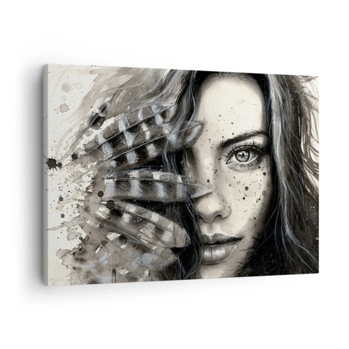Obraz na płótnie - Artystyczny portret kobiety z abstrakcyjnymi detalami - 70x50cm - Dzika piękność - Nowoczesna dekoracja ścienna do salonu i sypialni ARTTOR