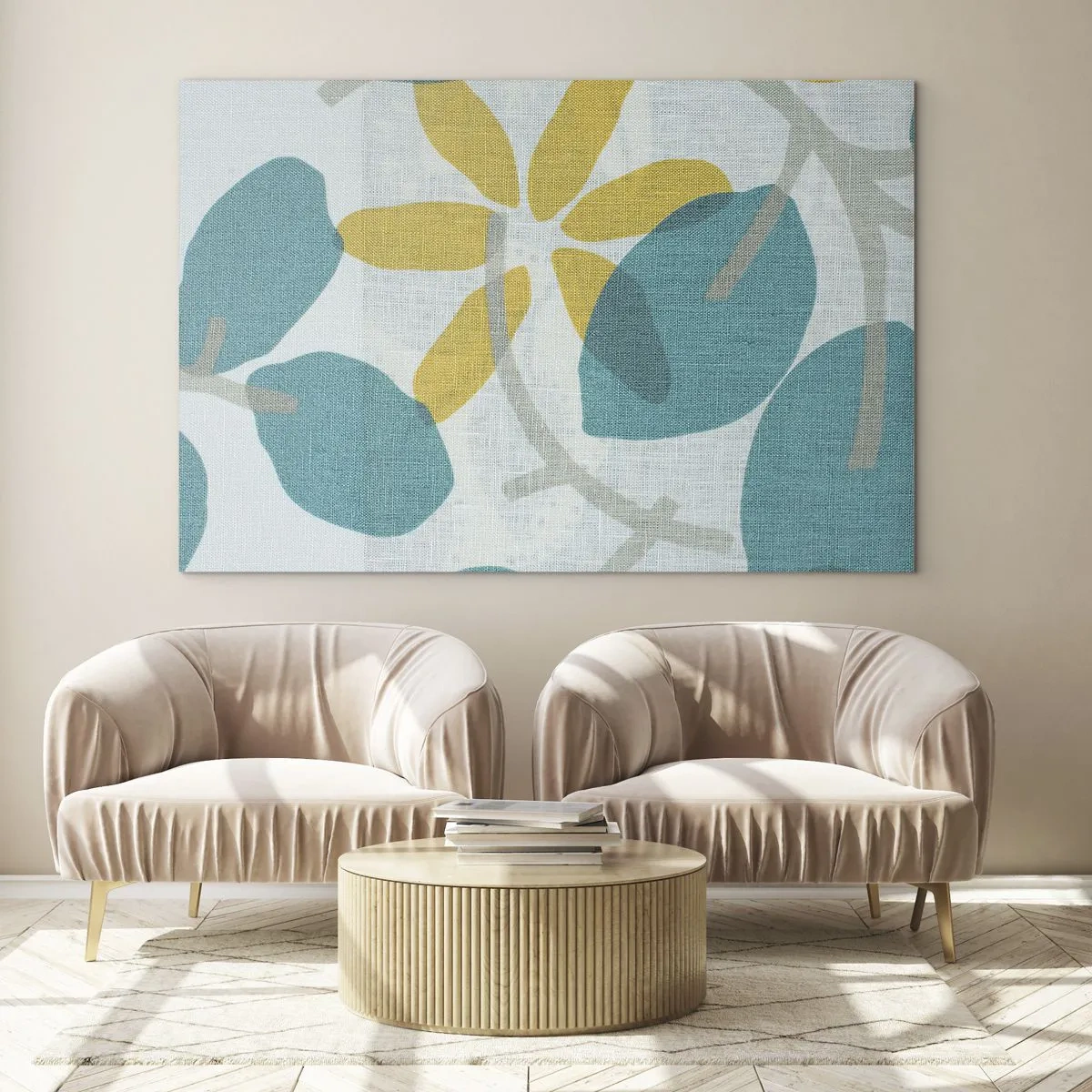 Obraz na szkle - Roślinna grafika z lazurowymi liśćmi i żółtymi kwiatami - 70x50cm - Wśród lazurowych liści - Nowoczesna dekoracja ścienna do salonu i sypialni ARTTOR