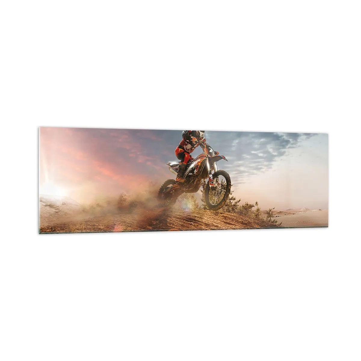 Obraz na szkle - Motocyklista na wydmach o zachodzie słońca - 160x50cm - Po zwycięstwo - Nowoczesna dekoracja ścienna do salonu i sypialni ARTTOR